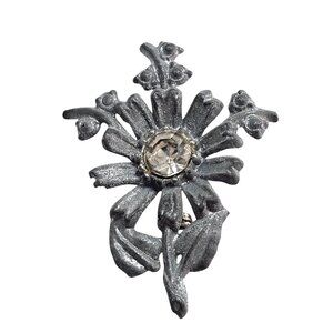 Vintage Floral Pewter Brooch With Rhinestone Center Elegant Retro Jewelry